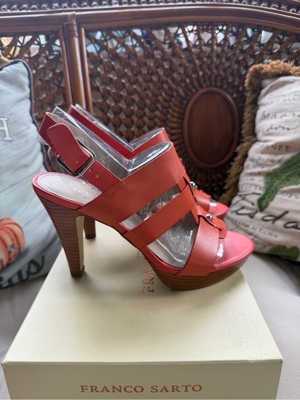 Franco Sarto Orange-Red Strappy Buckle Heels - Picture 2 of 7